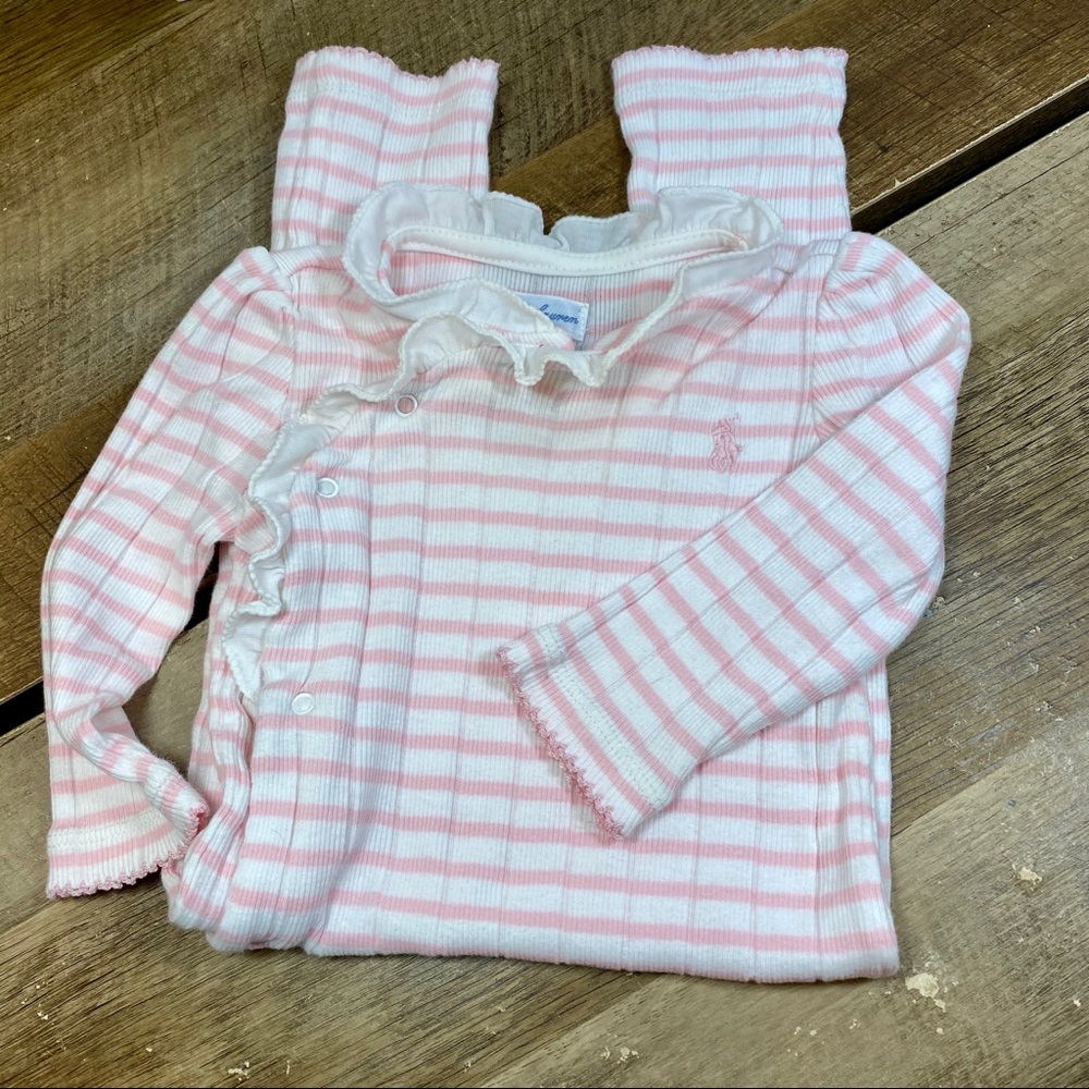 RL Baby Girl Ruffled Coverall, Pink Stripes 6-9M